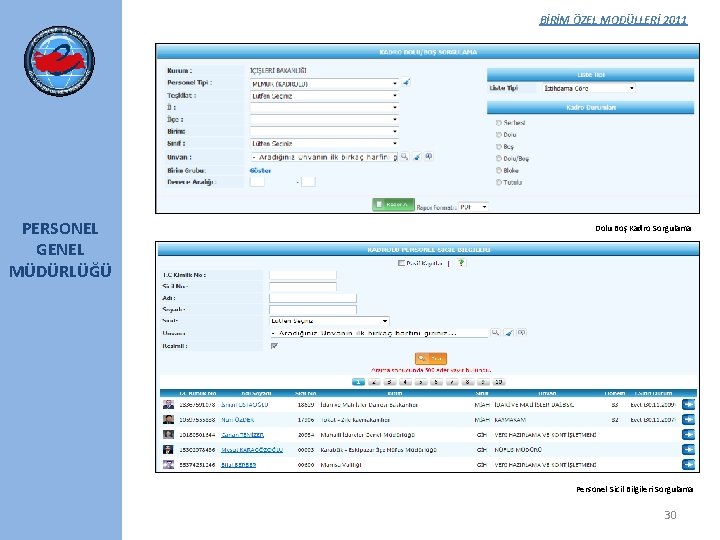 BİRİM ÖZEL MODÜLLERİ 2011 PERSONEL GENEL MÜDÜRLÜĞÜ Dolu Boş Kadro Sorgulama Personel Sicil Bilgileri