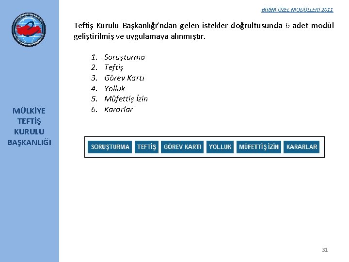 BİRİM ÖZEL MODÜLLERİ 2011 Teftiş Kurulu Başkanlığı’ndan gelen istekler doğrultusunda 6 adet modül geliştirilmiş