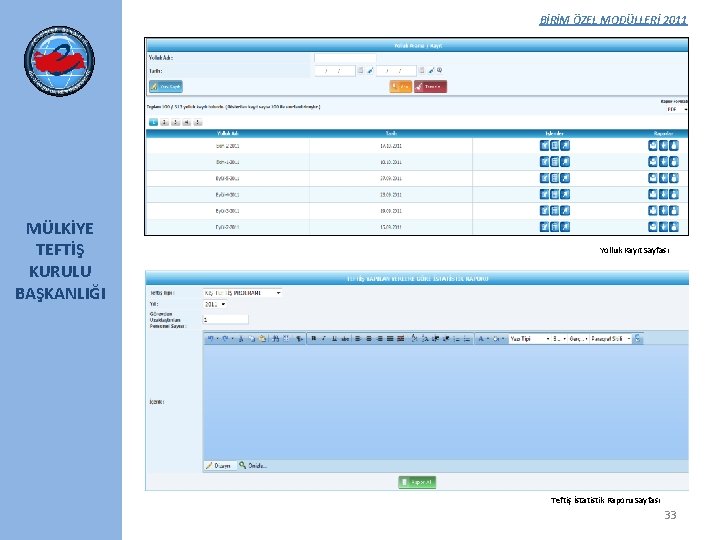 BİRİM ÖZEL MODÜLLERİ 2011 MÜLKİYE TEFTİŞ KURULU BAŞKANLIĞI Yolluk Kayıt Sayfası Teftiş İstatistik Raporu