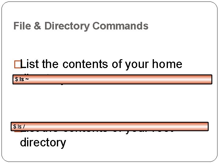 File & Directory Commands �List the contents of your home directory $ ls ~ File & Directory Commands �List the contents of your home directory $ ls ~