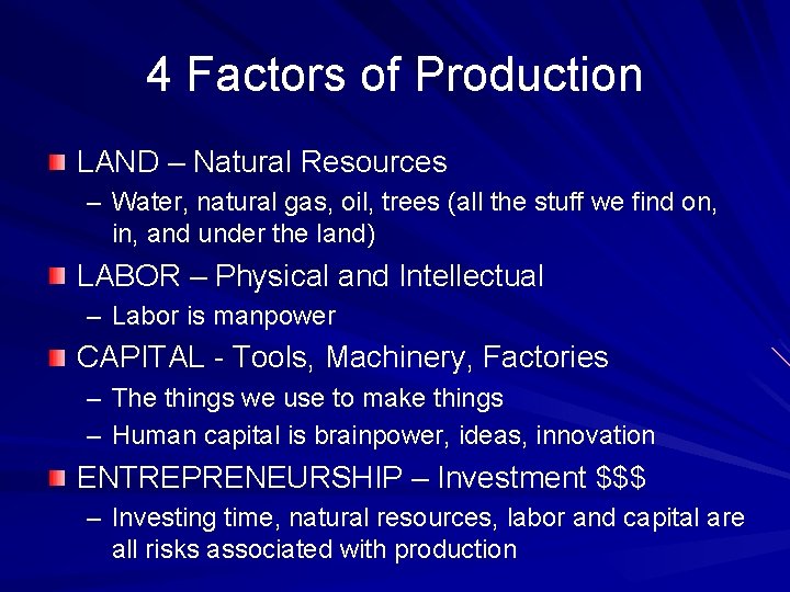 4 Factors of Production LAND – Natural Resources – Water, natural gas, oil, trees