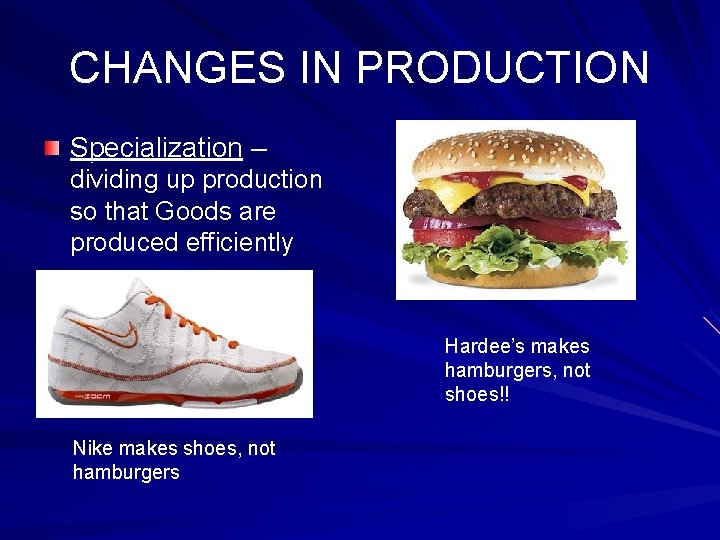 CHANGES IN PRODUCTION Specialization – dividing up production so that Goods are produced efficiently