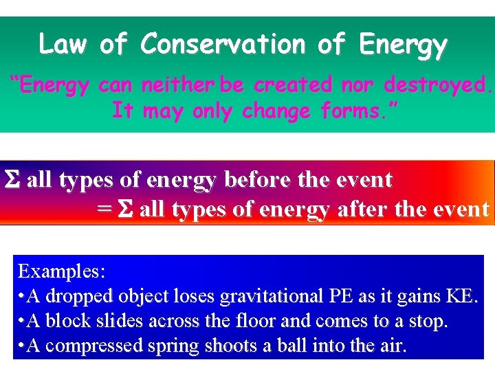 Law of Conservation of Energy “Energy can neither be created nor destroyed. It may