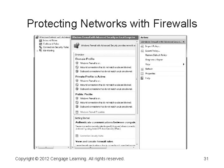 Protecting Networks with Firewalls Copyright © 2012 Cengage Learning. All rights reserved. 31 Protecting Networks with Firewalls Copyright © 2012 Cengage Learning. All rights reserved. 31