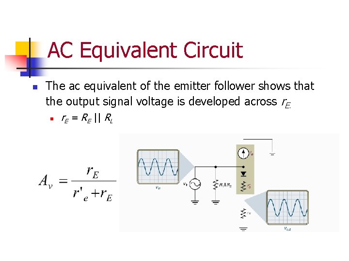 AC Equivalent Circuit n The ac equivalent of the emitter follower shows that the