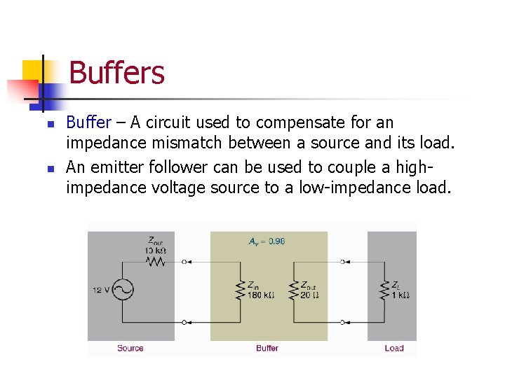 Buffers n n Buffer – A circuit used to compensate for an impedance mismatch
