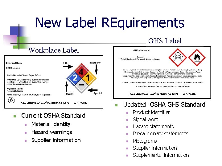 New Label REquirements GHS Label Workplace Label XYZ Chemical, 234 E. 3 rd St;
