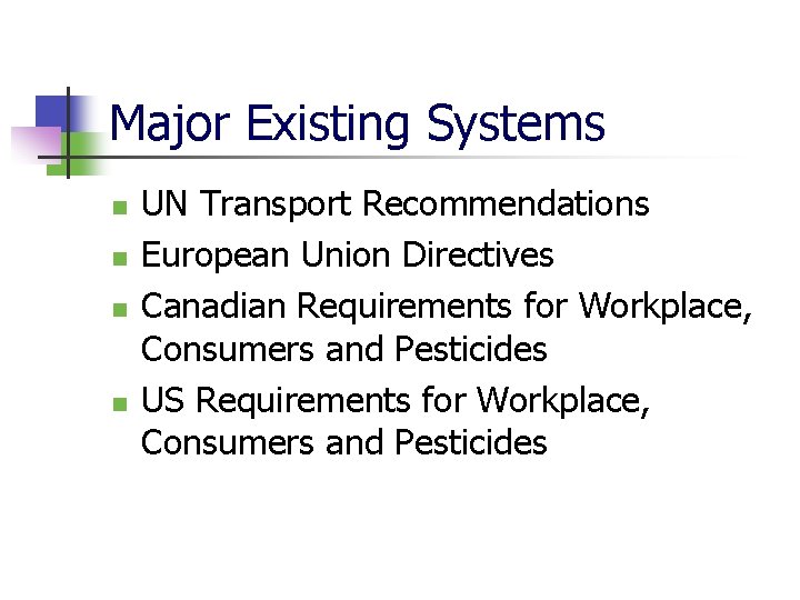 Major Existing Systems n n UN Transport Recommendations European Union Directives Canadian Requirements for
