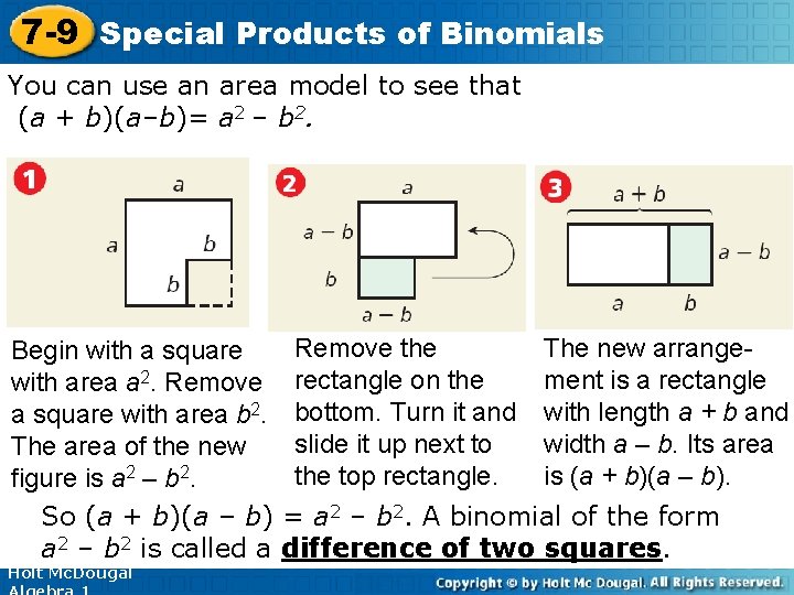 7 -9 Special Products of Binomials You can use an area model to see