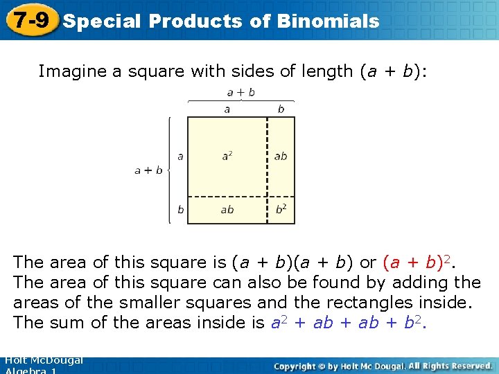 7 -9 Special Products of Binomials Imagine a square with sides of length (a
