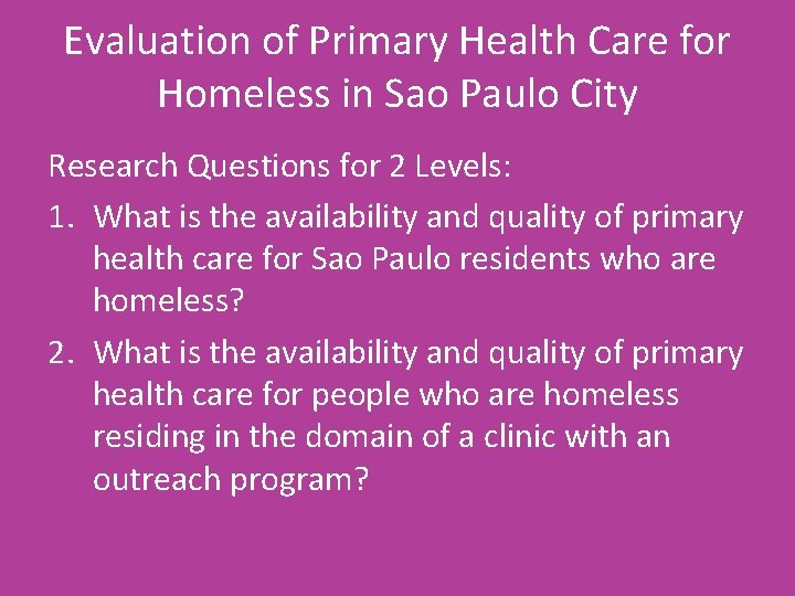 Evaluation of Primary Health Care for Homeless in Sao Paulo City Research Questions for