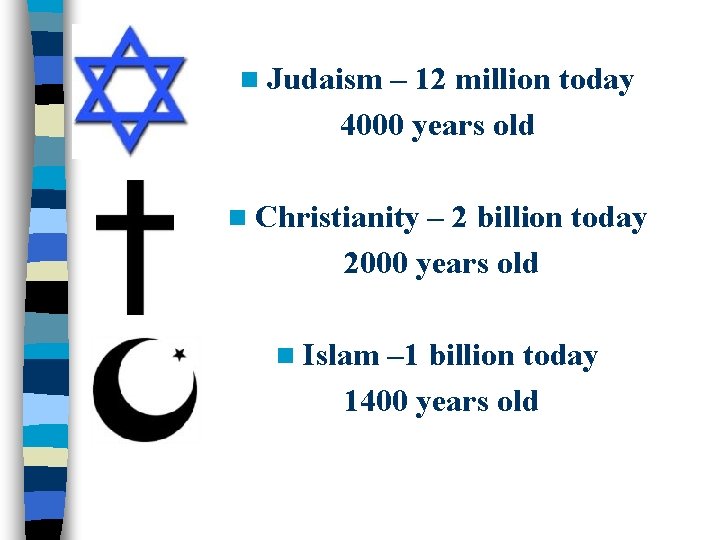 n Judaism – 12 million today 4000 years old n Christianity – 2 billion