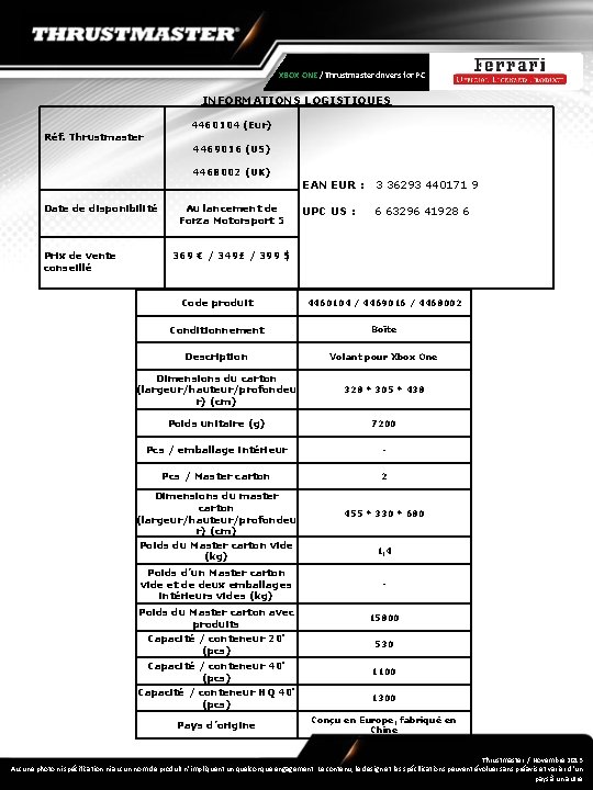 XBOX ONE / Thrustmaster drivers for PC INFORMATIONS LOGISTIQUES 4460104 (Eur) Réf. Thrustmaster 4469016