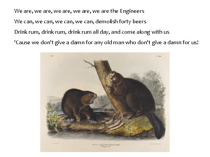 We are, we are the Engineers We can, we can, demolish forty beers Drink