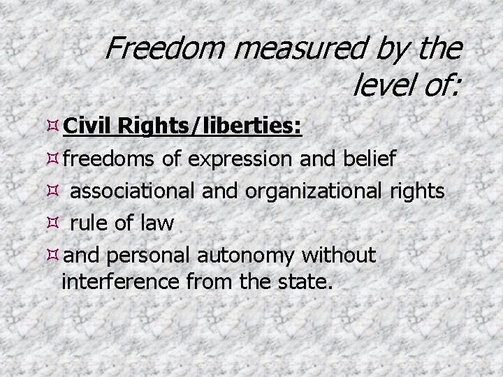 Freedom measured by the level of: Civil Rights/liberties: freedoms of expression and belief associational