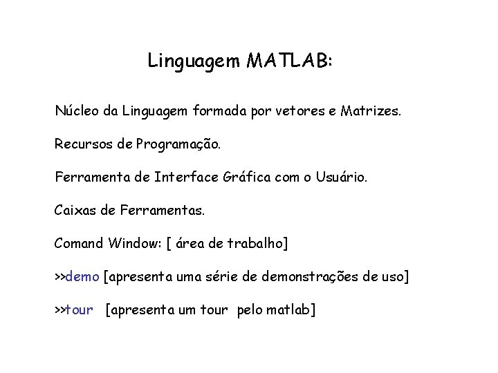 Linguagem MATLAB: Núcleo da Linguagem formada por vetores e Matrizes. Recursos de Programação. Ferramenta