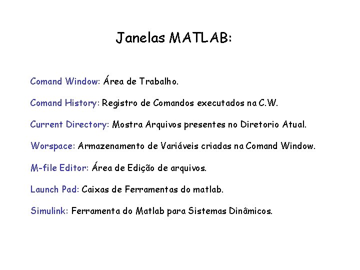 Janelas MATLAB: Comand Window: Área de Trabalho. Comand History: Registro de Comandos executados na