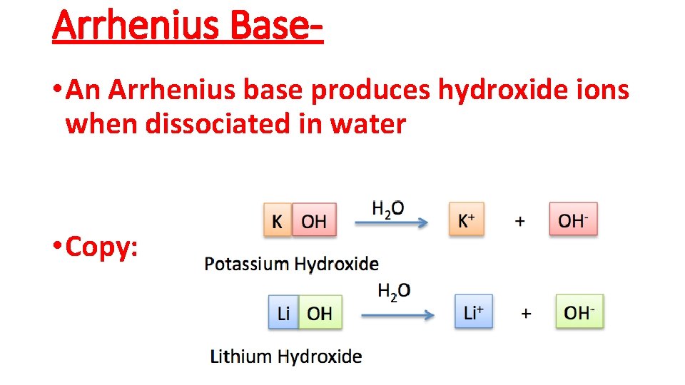 Arrhenius Base • An Arrhenius base produces hydroxide ions when dissociated in water •