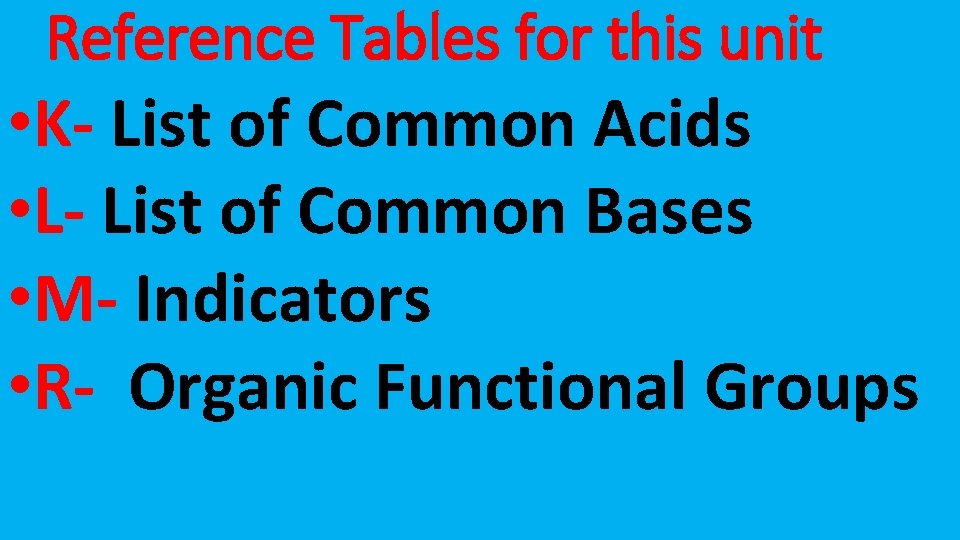 Reference Tables for this unit • K- List of Common Acids • L- List