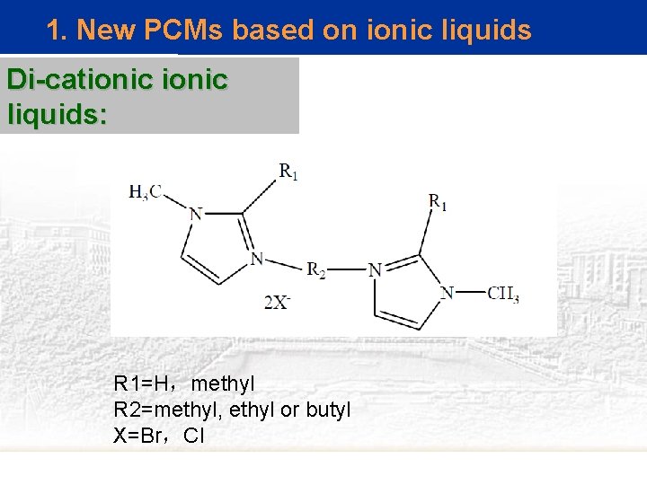 1. New PCMs based on ionic liquids Di-cationic liquids: R 1=H，methyl R 2=methyl, ethyl