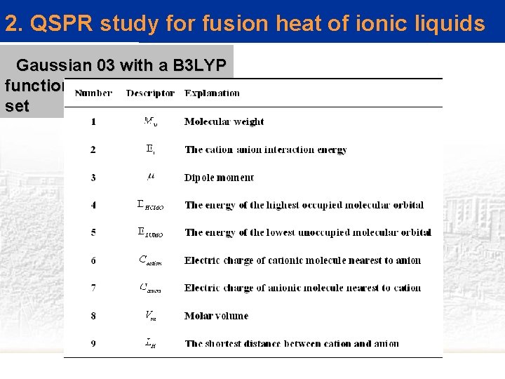 2. QSPR study for fusion heat of ionic liquids Gaussian 03 with a B