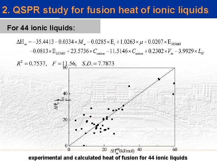2. QSPR study for fusion heat of ionic liquids For 44 ionic liquids: experimental