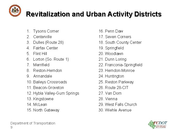 County of Fairfax, Virginia Revitalization and Urban Activity Districts 1. Tysons Corner 2. Centerville