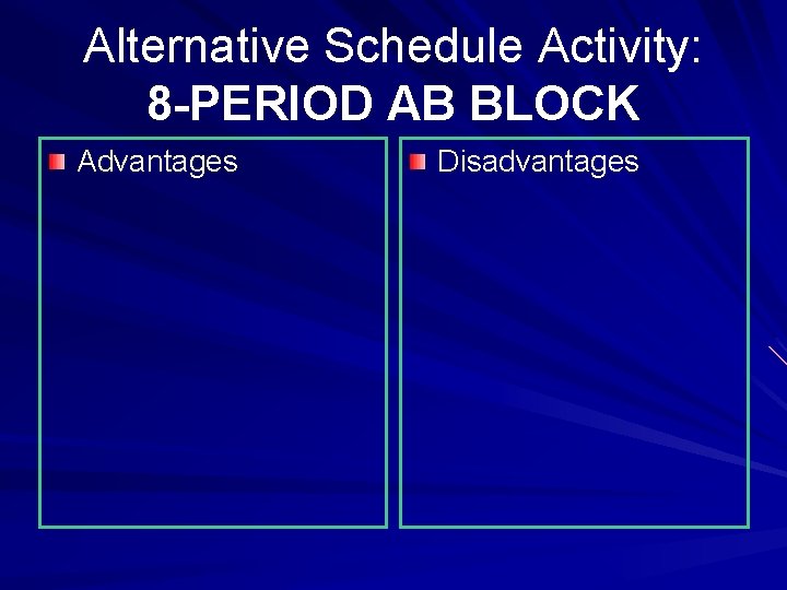 Alternative Schedule Activity: 8 -PERIOD AB BLOCK Advantages Disadvantages 