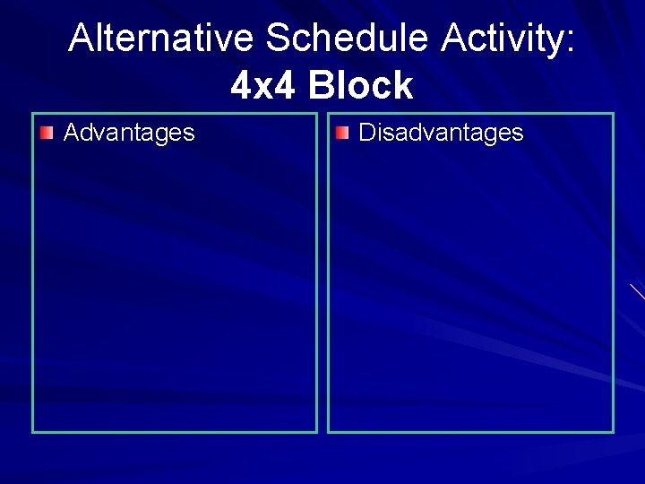 Alternative Schedule Activity: 4 x 4 Block Advantages Disadvantages 