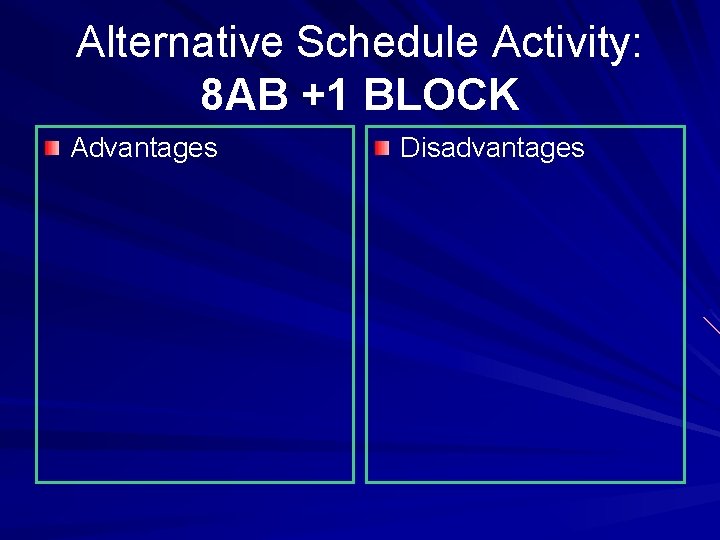 Alternative Schedule Activity: 8 AB +1 BLOCK Advantages Disadvantages 