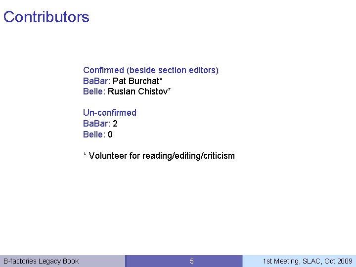 Contributors Confirmed (beside section editors) Ba. Bar: Pat Burchat* Belle: Ruslan Chistov* Un-confirmed Ba.