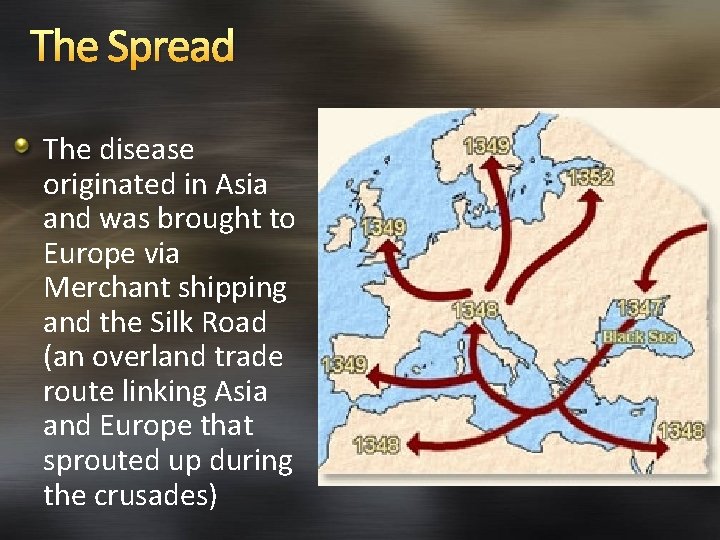 The Spread The disease originated in Asia and was brought to Europe via Merchant