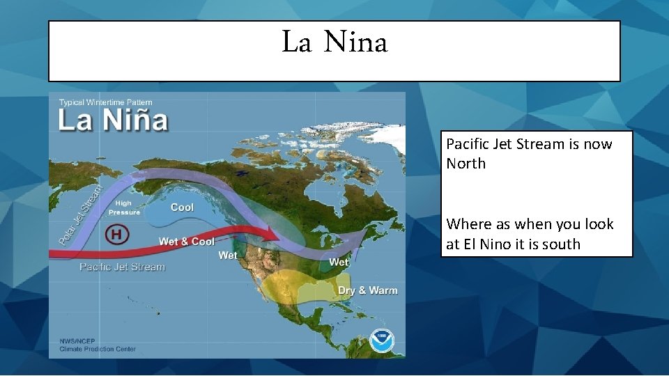 La Nina Pacific Jet Stream is now North Where as when you look at