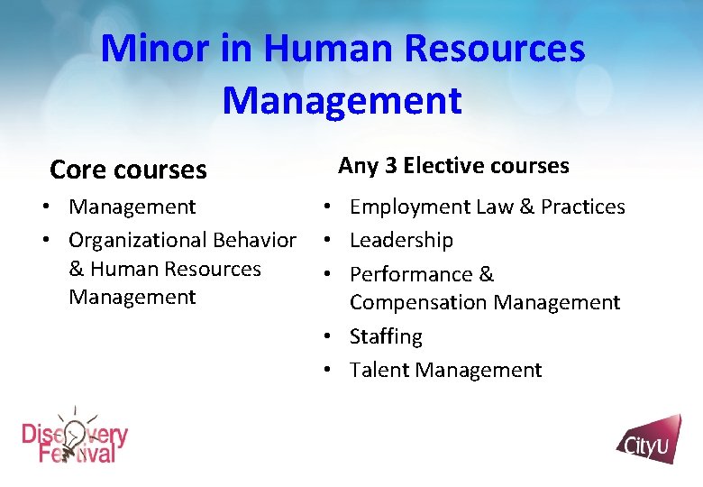 Minor in Human Resources Management Core courses • Management • Organizational Behavior & Human