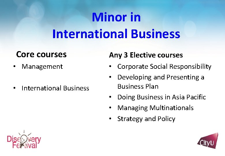 Minor in International Business Core courses • Management • International Business Any 3 Elective