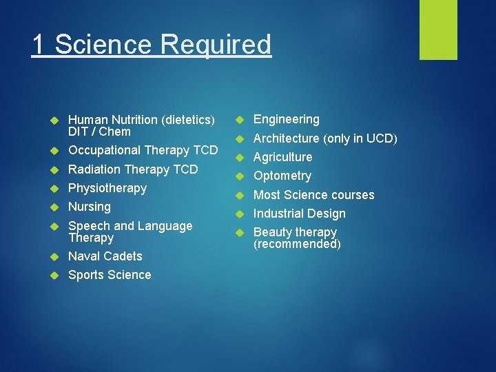 1 Science Required Human Nutrition (dietetics) DIT / Chem Occupational Therapy TCD Radiation Therapy