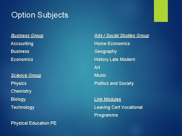 Option Subjects Business Group Arts / Social Studies Group Accounting Home Economics Business Geography