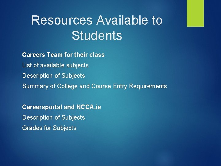 Resources Available to Students Careers Team for their class List of available subjects Description