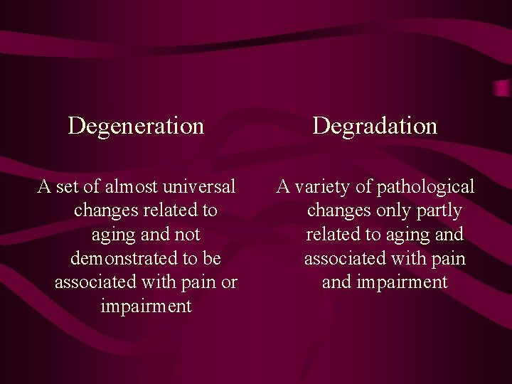 Degeneration Degradation A set of almost universal changes related to aging and not demonstrated