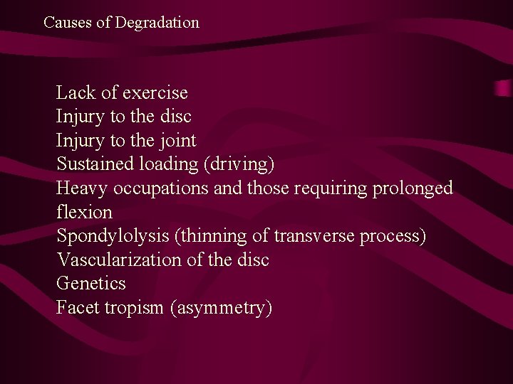 Causes of Degradation Lack of exercise Injury to the disc Injury to the joint