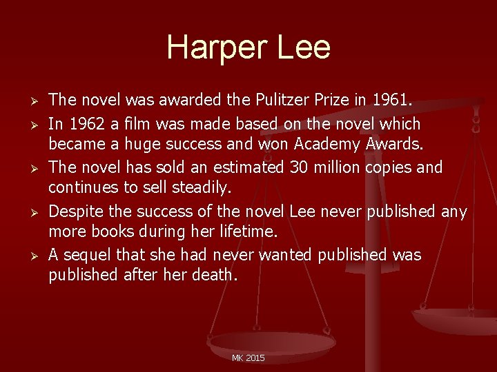 Harper Lee Ø Ø Ø The novel was awarded the Pulitzer Prize in 1961.