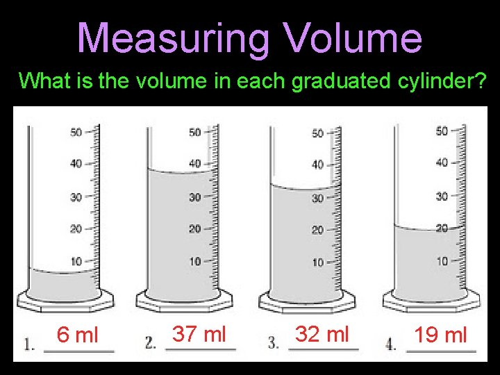 Measuring Volume What is the volume in each graduated cylinder? 6 ml 37 ml