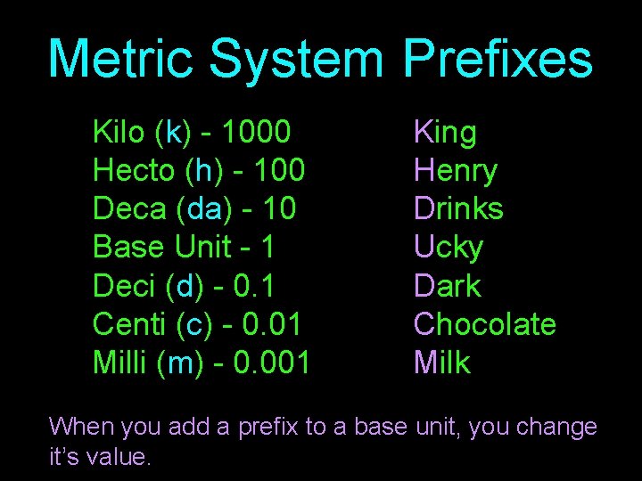 Metric System Prefixes Kilo (k) - 1000 Hecto (h) - 100 Deca (da) -