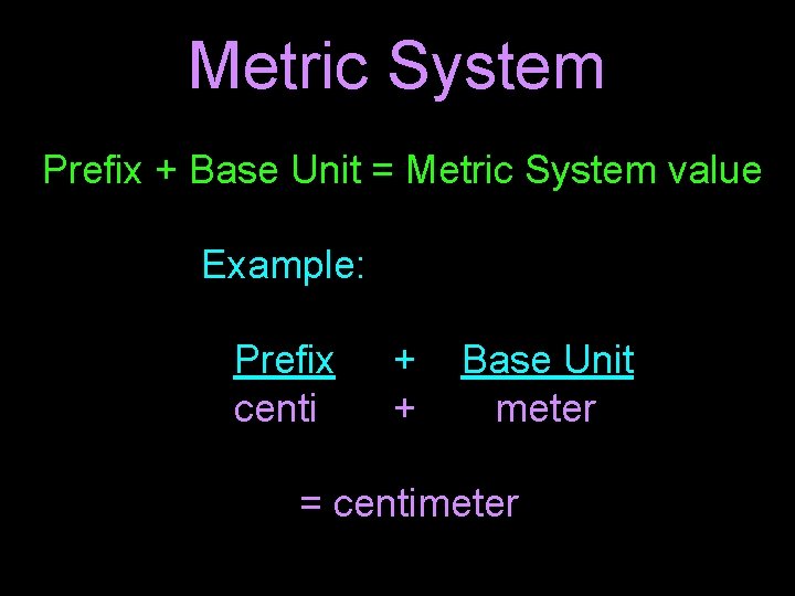 Metric System Prefix + Base Unit = Metric System value Example: Prefix centi +