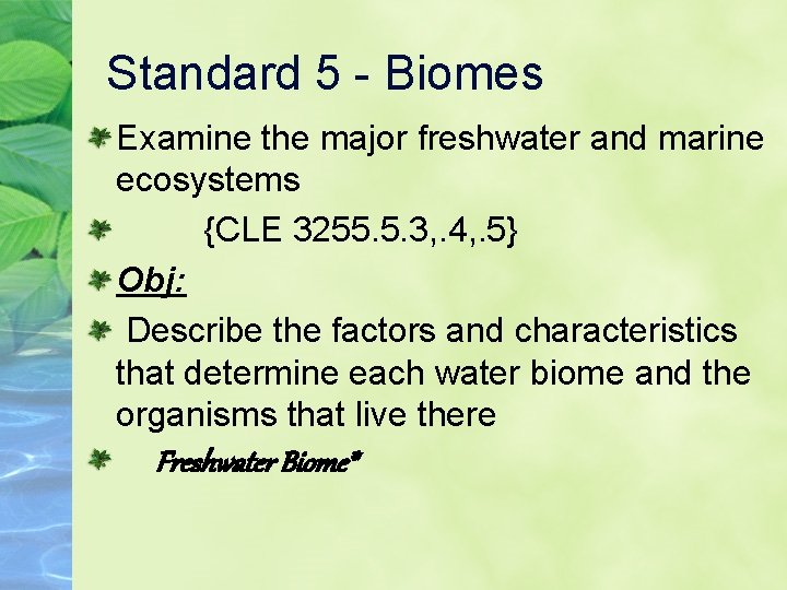 Standard 5 - Biomes Examine the major freshwater and marine ecosystems {CLE 3255. 5.