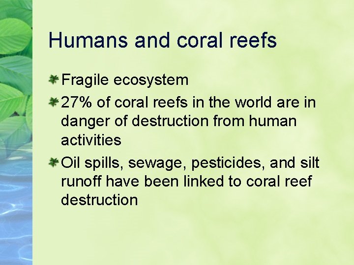 Humans and coral reefs Fragile ecosystem 27% of coral reefs in the world are