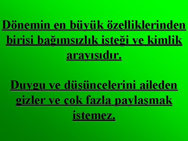 Dönemin en büyük özelliklerinden birisi bağımsızlık isteği ve kimlik arayışıdır. Duygu ve düşüncelerini aileden