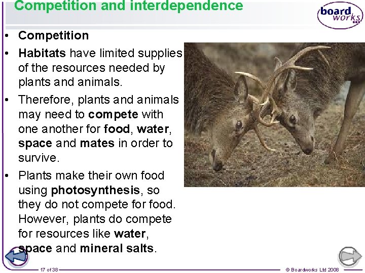 Competition and interdependence • Competition • Habitats have limited supplies of the resources needed
