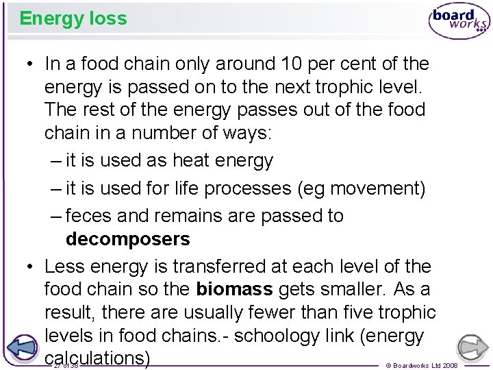 Energy loss • In a food chain only around 10 per cent of the