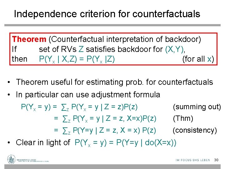 Independence criterion for counterfactuals Theorem (Counterfactual interpretation of backdoor) If set of RVs Z